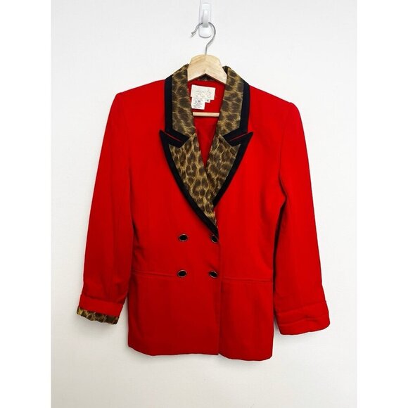 Cache Vintage Double breasted Red Leopard Trim Blazer Jacket Sz Small - Picture 2 of 13